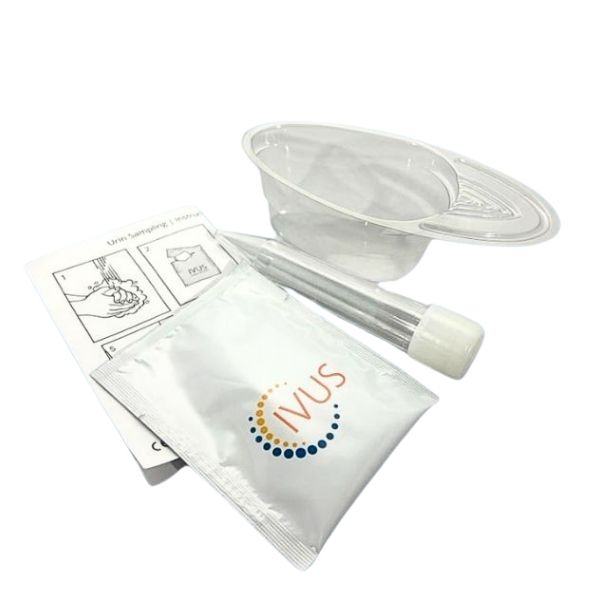 Sterile urine collection kit with cup, tube and wet wipe, 50 pcs